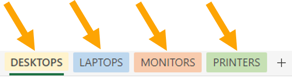 Arrows pointing to all hardware tabs in the pricing sheet.